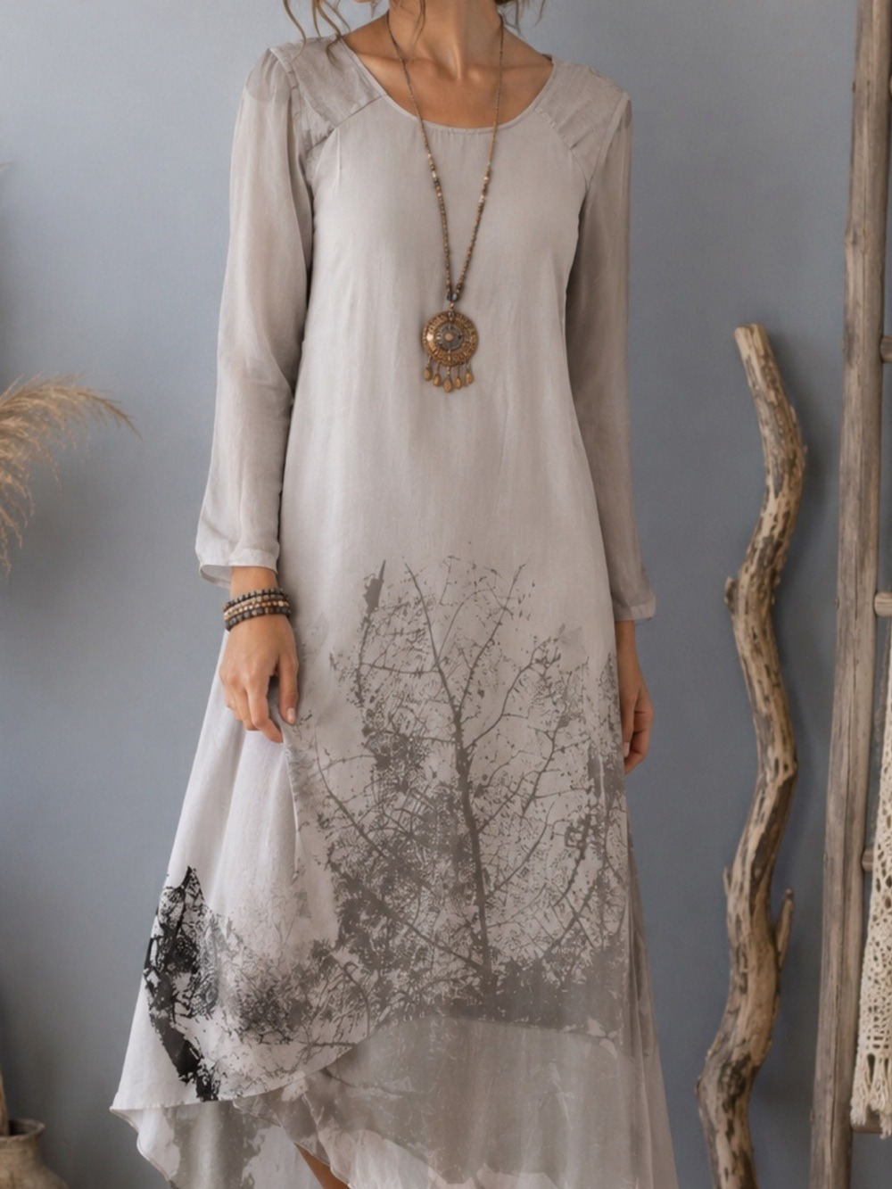 Floryday NWT Gray Sheer Maxi Dress Artsy Boho Lagenlook M